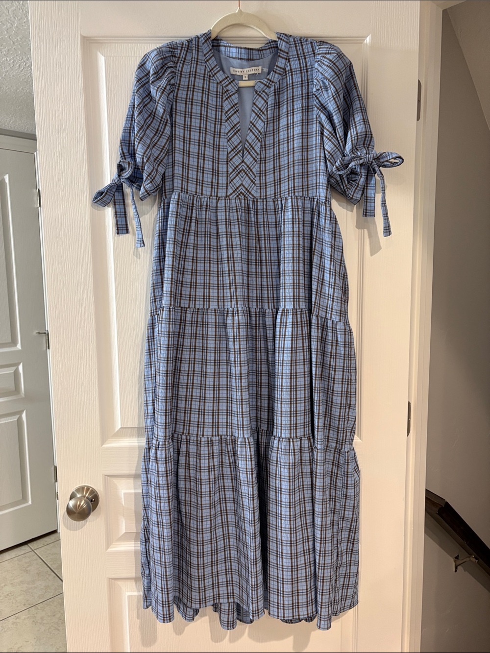 English Factory Blue Plaid Tiered Tie-Sleeve Dress